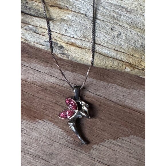 Sterling Silver Necklace With Fairy Pendant And Pink Glass Wings 18" - Picture 7 of 8